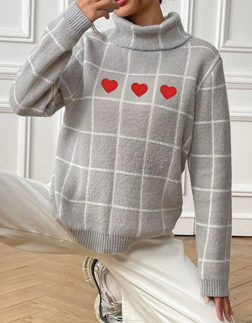 Load image into Gallery viewer, Heart Plaid Turtleneck Long Sleeve Sweater 2668south
