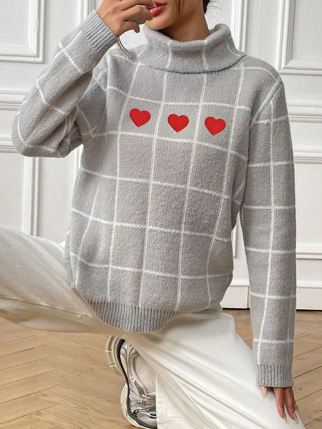 Heart Plaid Turtleneck Long Sleeve Sweater 2668south