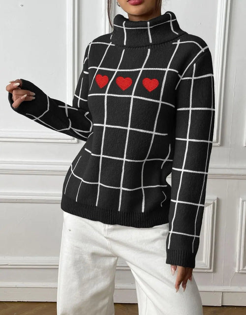 Load image into Gallery viewer, Heart Plaid Turtleneck Long Sleeve Sweater 2668south
