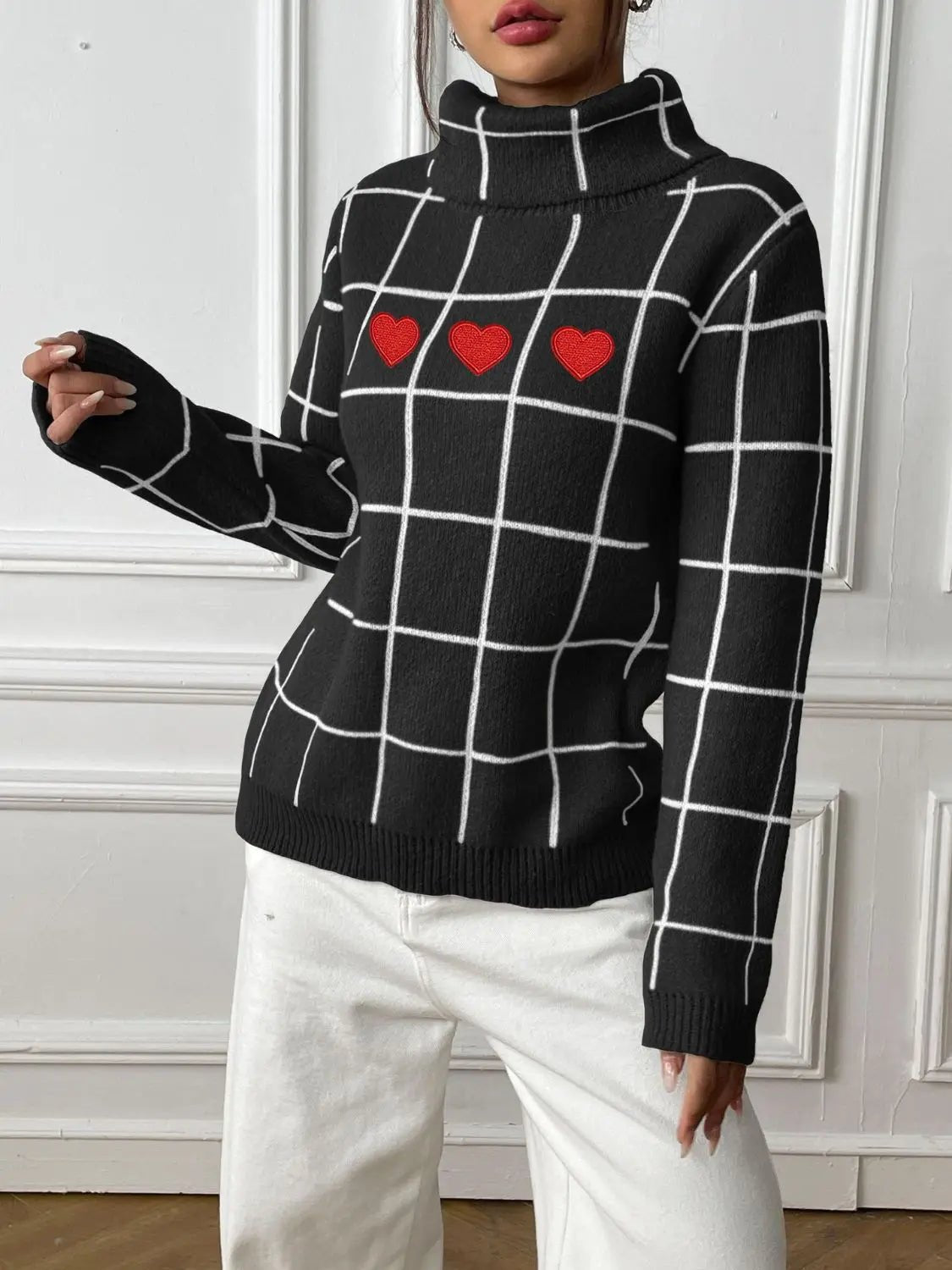 Heart Plaid Turtleneck Long Sleeve Sweater 2668south