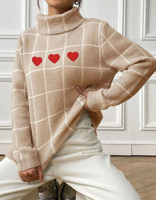 Load image into Gallery viewer, Heart Plaid Turtleneck Long Sleeve Sweater 2668south
