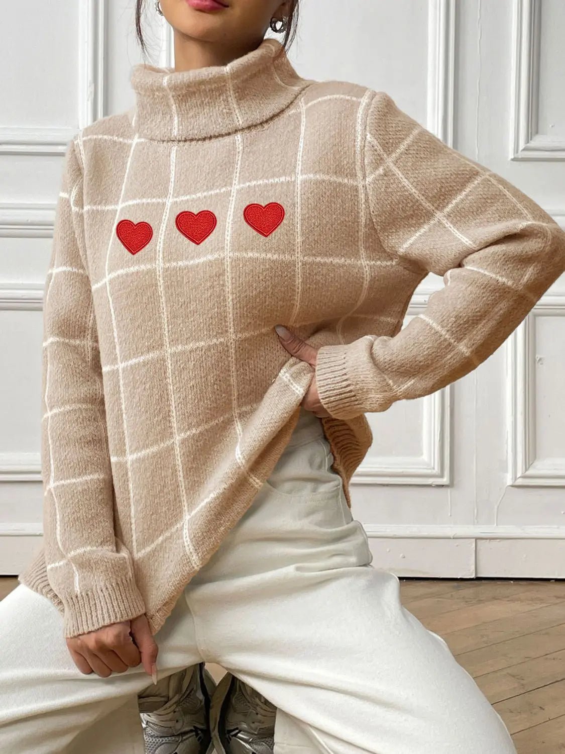 Heart Plaid Turtleneck Long Sleeve Sweater 2668south