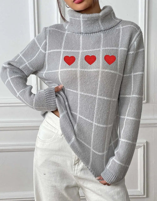 Load image into Gallery viewer, Heart Plaid Turtleneck Long Sleeve Sweater 2668south
