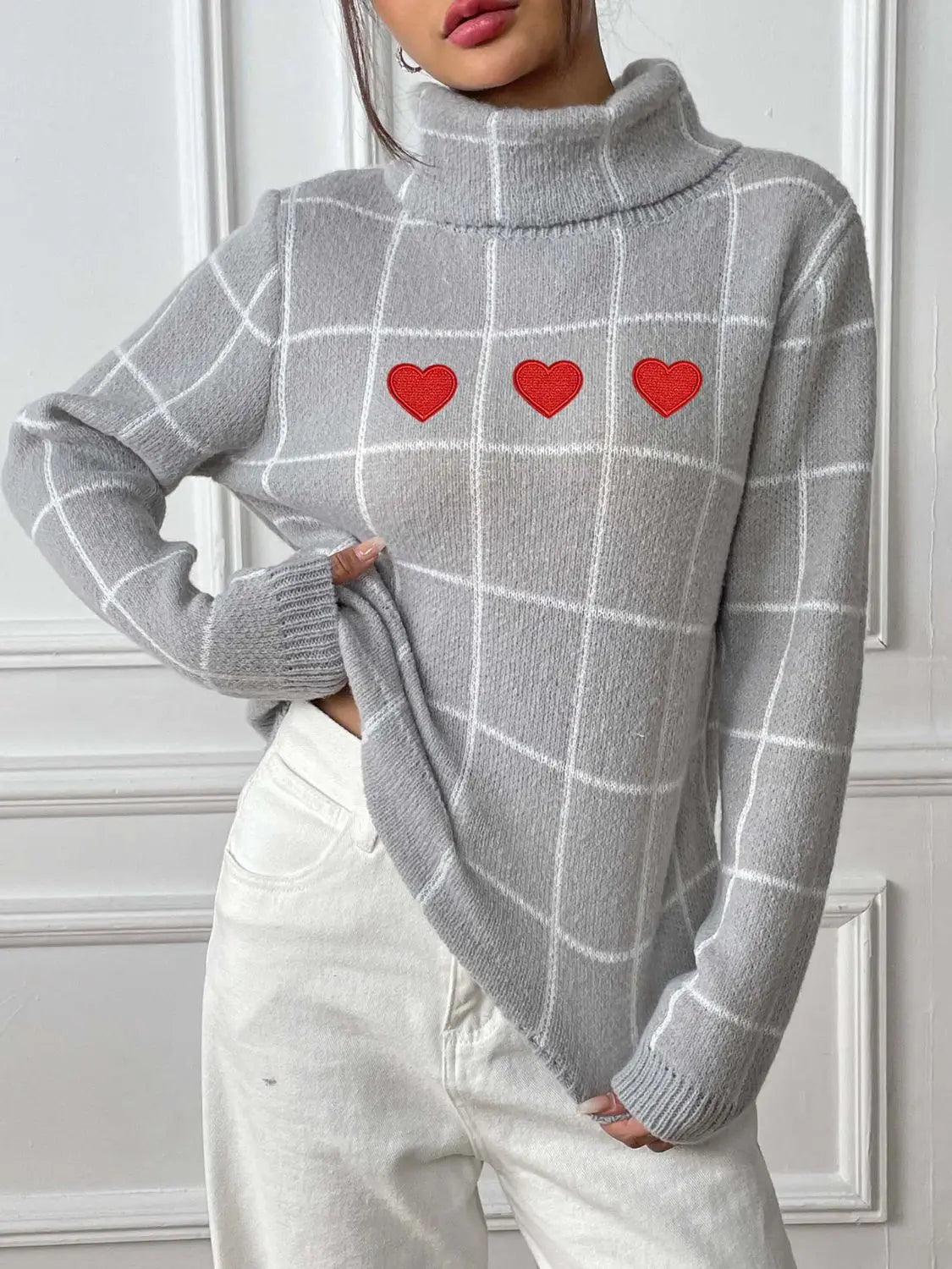 Heart Plaid Turtleneck Long Sleeve Sweater 2668south