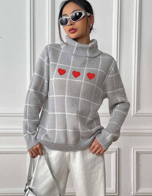 Load image into Gallery viewer, Heart Plaid Turtleneck Long Sleeve Sweater 2668south
