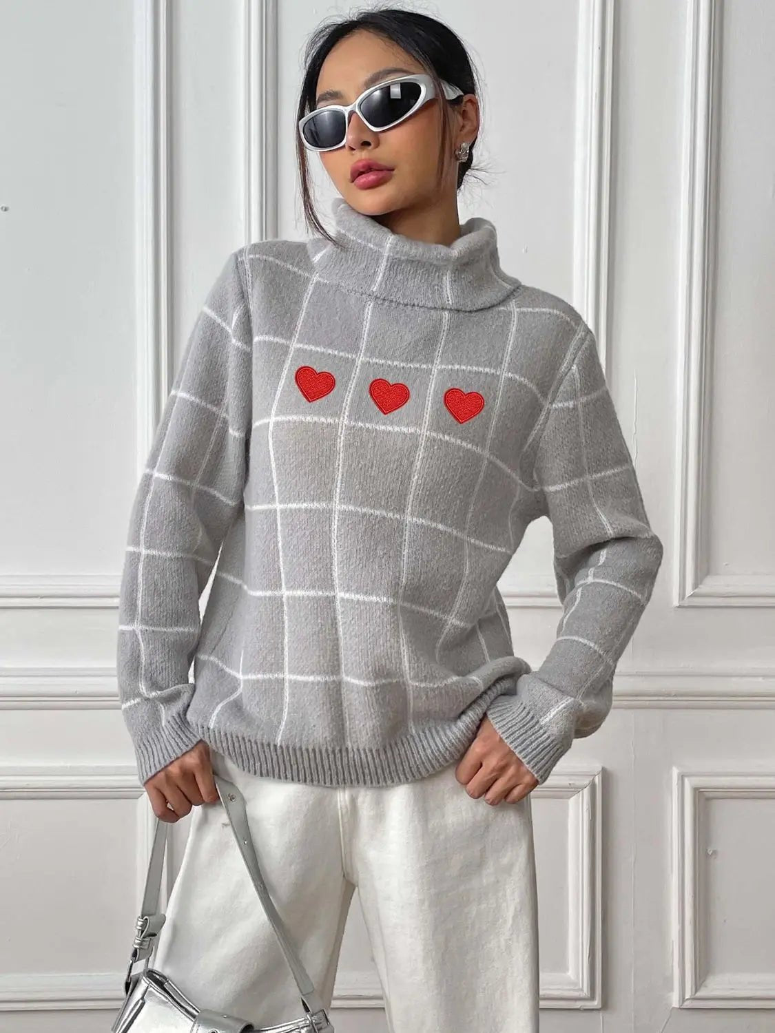 Heart Plaid Turtleneck Long Sleeve Sweater 2668south