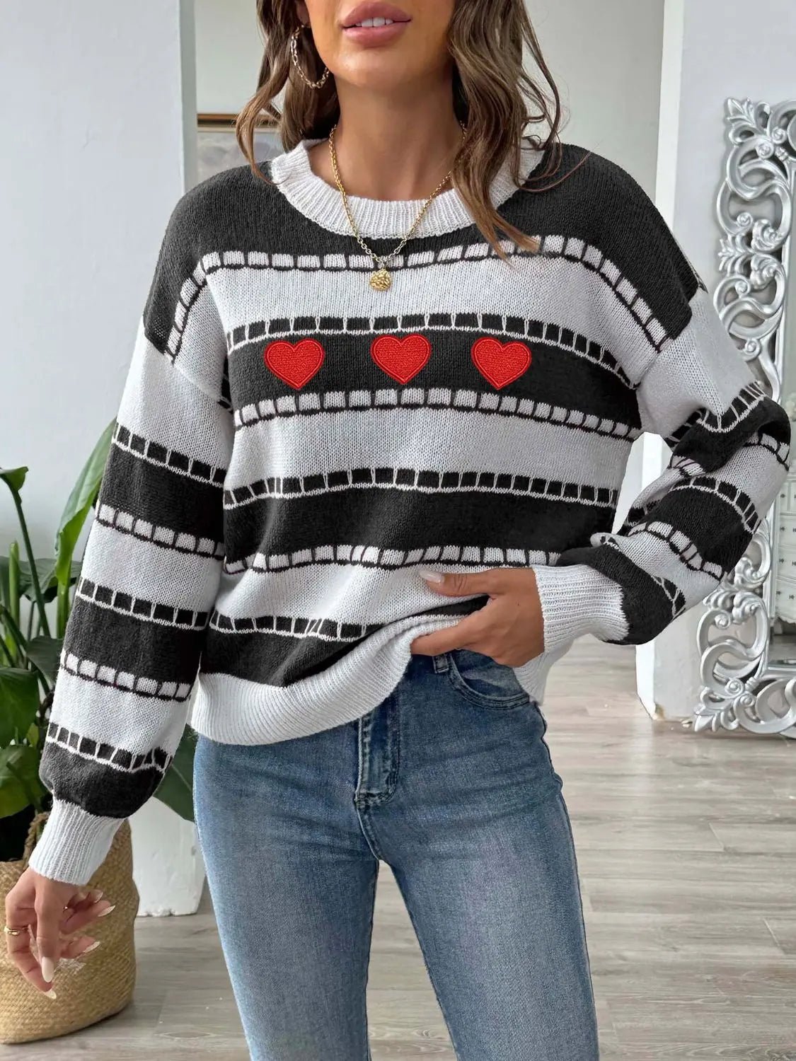 Heart Round Neck Long Sleeve Sweater 2668south