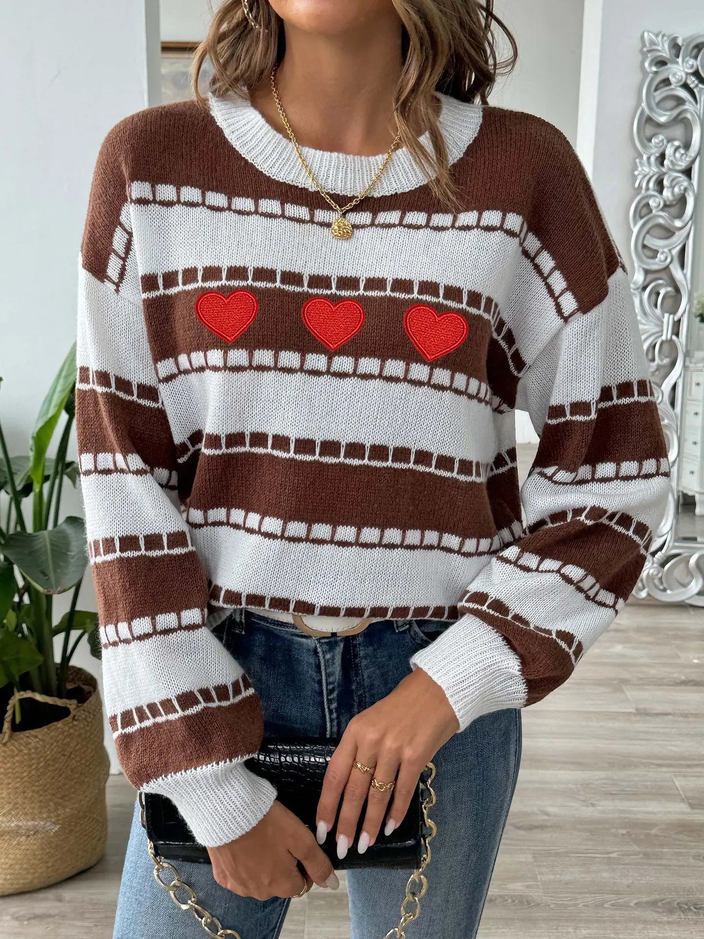 Heart Round Neck Long Sleeve Sweater 2668south