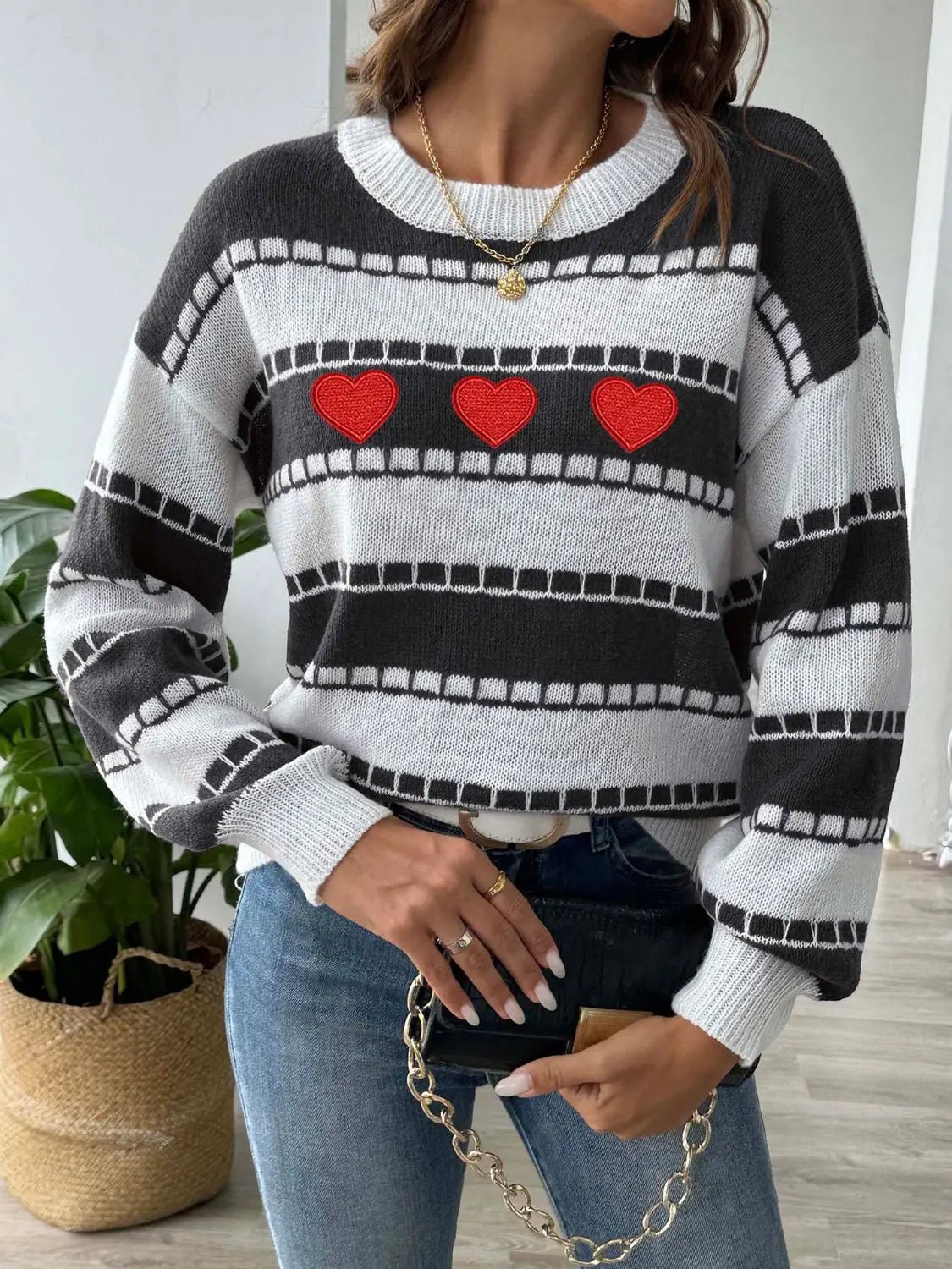 Heart Round Neck Long Sleeve Sweater 2668south