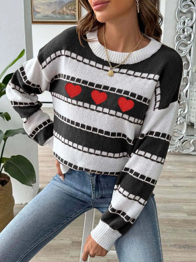 Heart Round Neck Long Sleeve Sweater 2668south