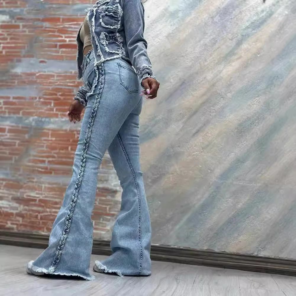 High Waist All-matching Twist Elastic Denim Bell-bottom Pants 2668south