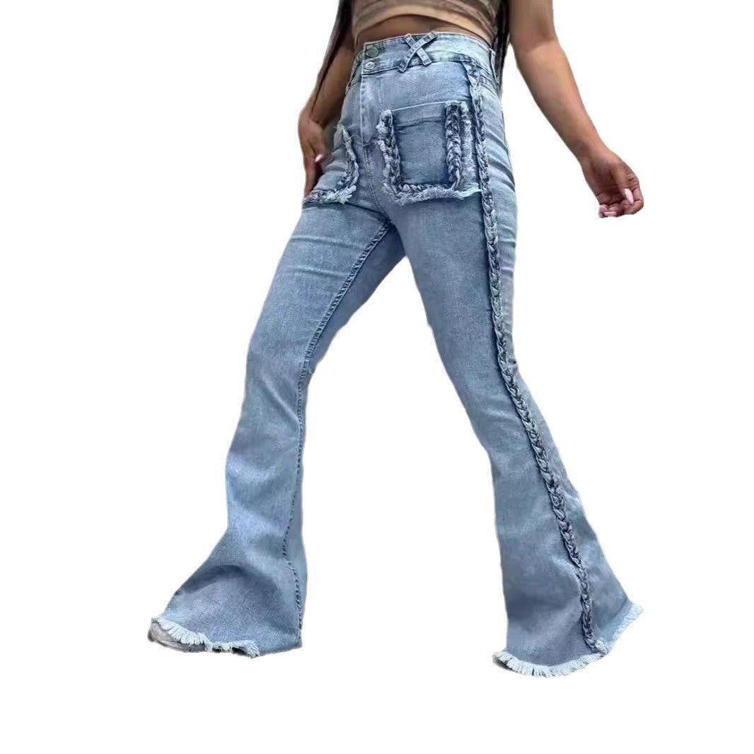 High Waist All-matching Twist Elastic Denim Bell-bottom Pants 2668south