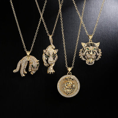 Hip Hop Tiger Leopard Lion Pendant Copper 18K Gold Zircon Animal Necklace 2668south