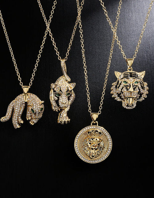 Load image into Gallery viewer, Hip Hop Tiger Leopard Lion Pendant Copper 18K Gold Zircon Animal Necklace 2668south
