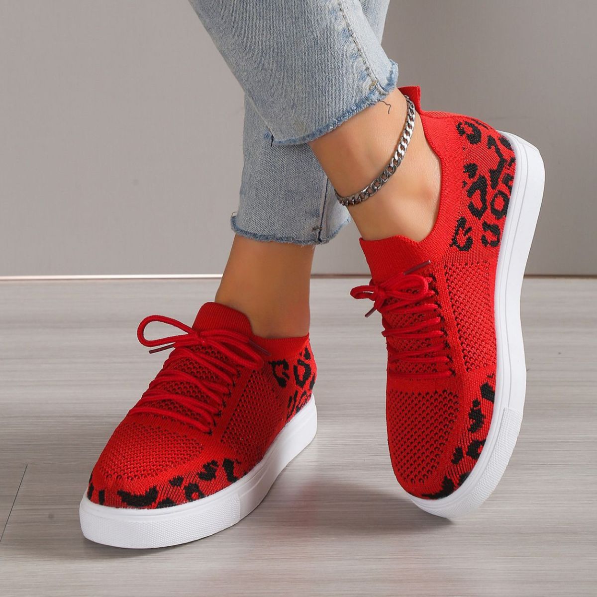 Lace-Up Leopard Flat Sneakers 2668south