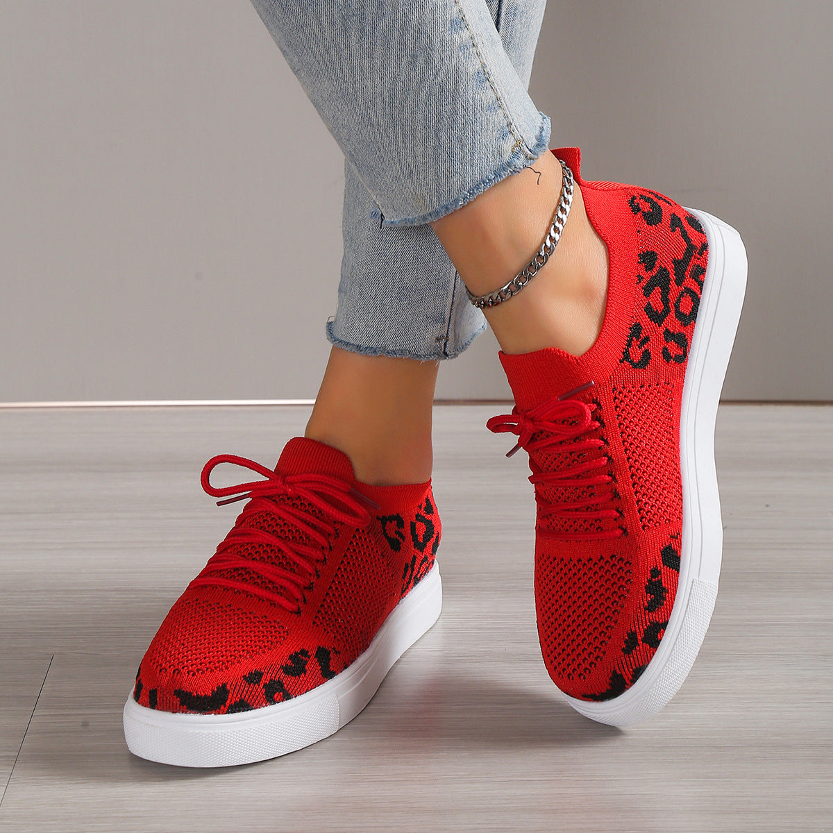 Lace-Up Leopard Flat Sneakers 2668south