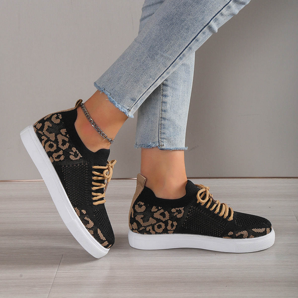 Lace-Up Leopard Flat Sneakers 2668south