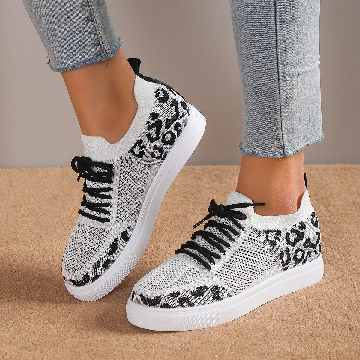 Lace-Up Leopard Flat Sneakers 2668south