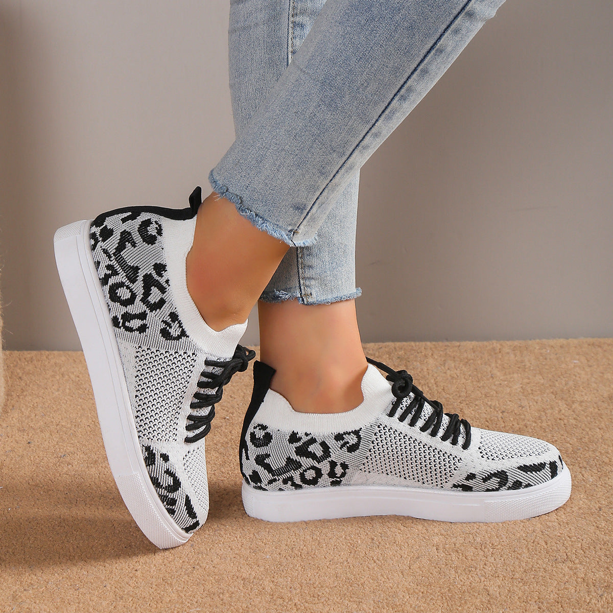 Lace-Up Leopard Flat Sneakers 2668south