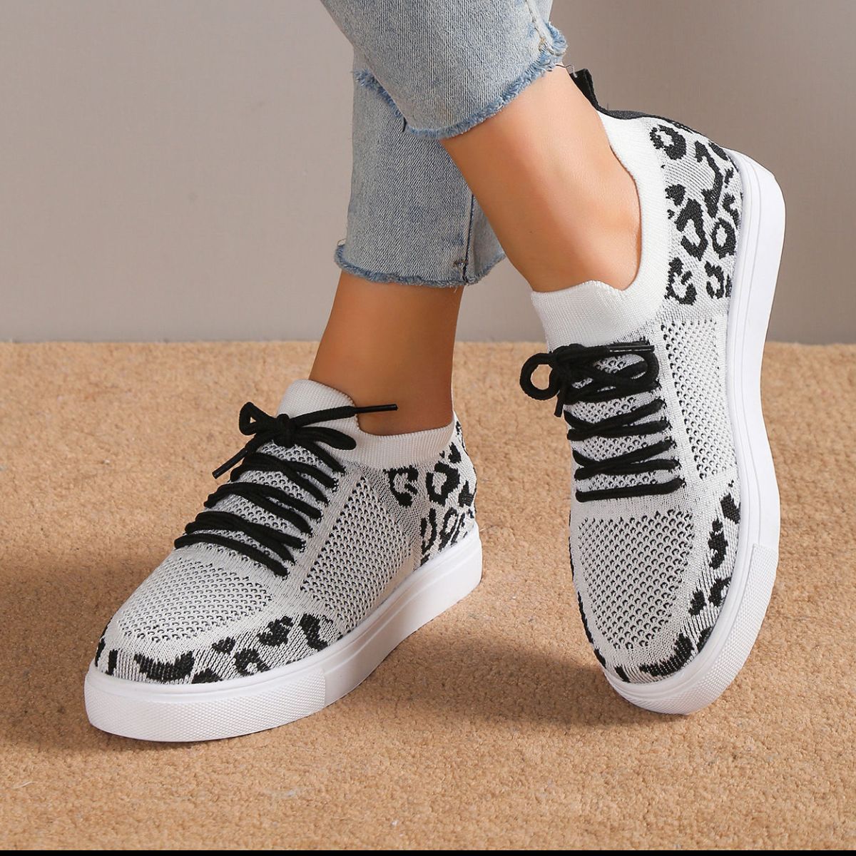 Lace-Up Leopard Flat Sneakers 2668south