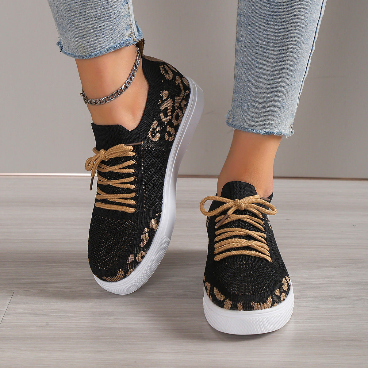 Lace-Up Leopard Flat Sneakers 2668south