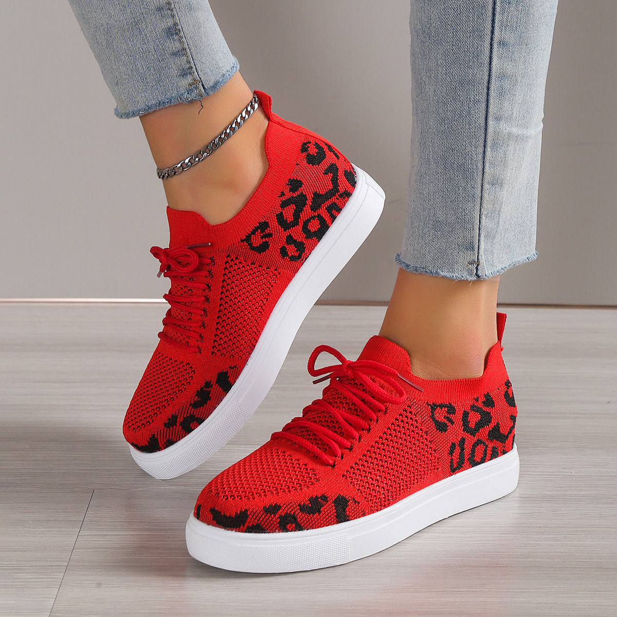 Lace-Up Leopard Flat Sneakers 2668south