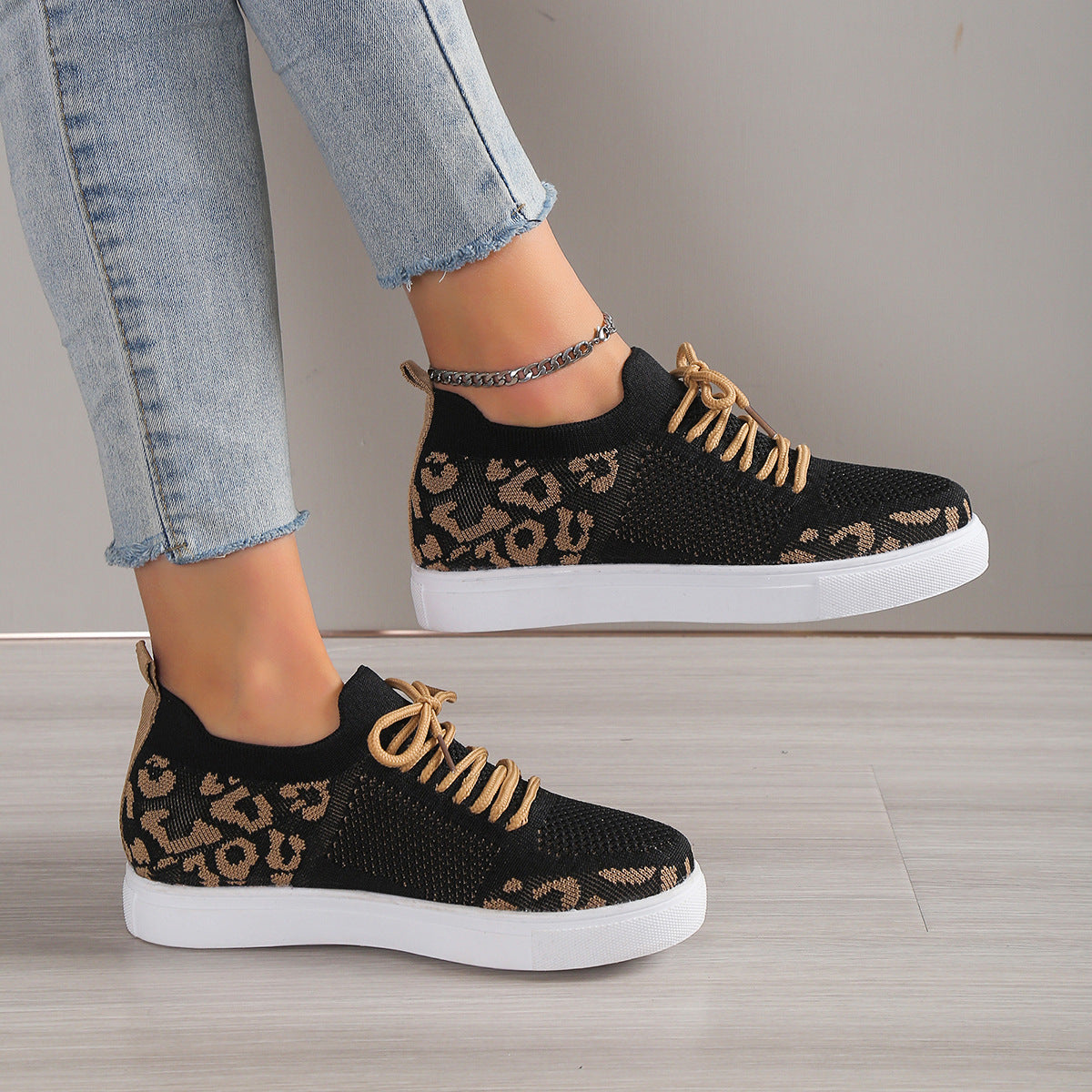 Lace-Up Leopard Flat Sneakers 2668south