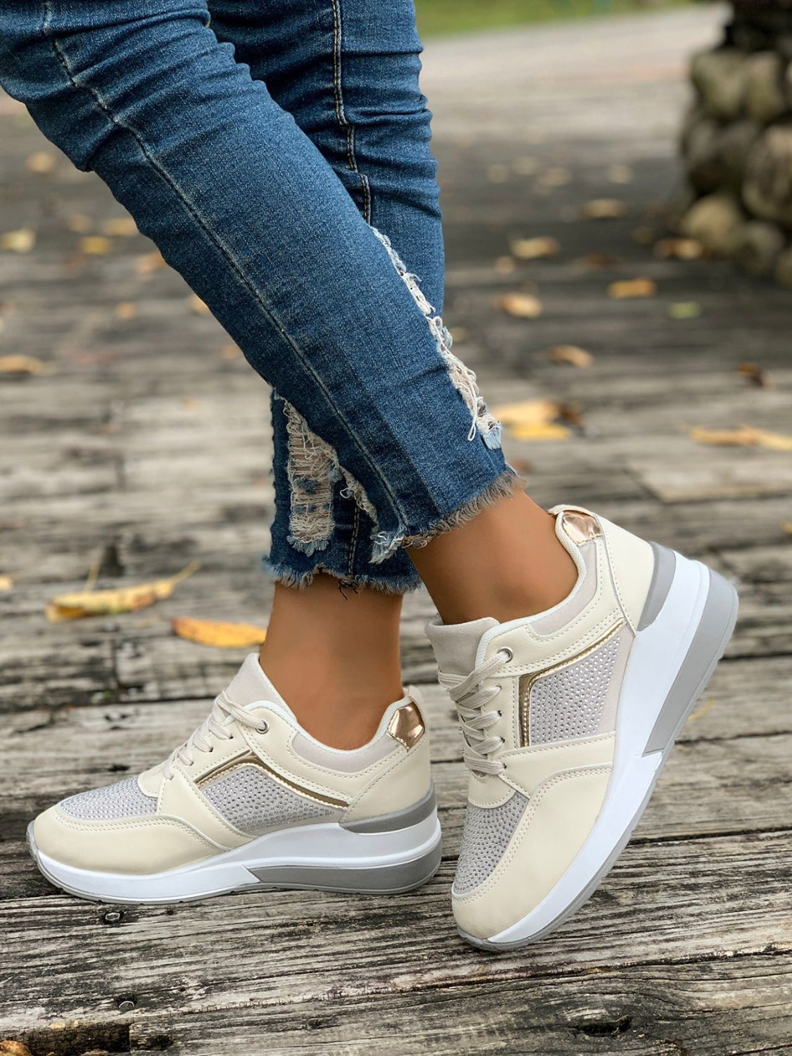 Lace-Up Rhinestone Wedge Sneakers 2668south