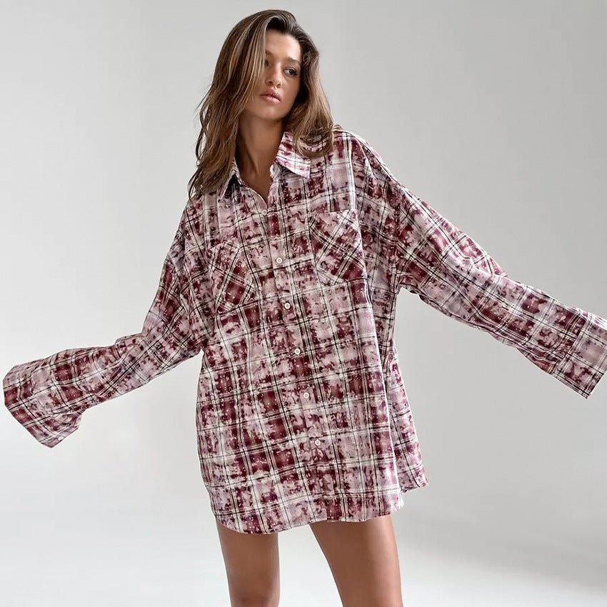 Lapel Loose Long Sleeve Casual Plaid Shirt 2668south