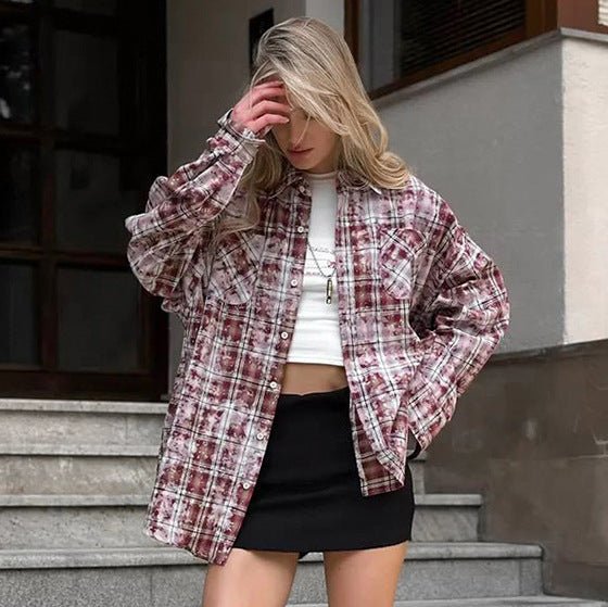 Lapel Loose Long Sleeve Casual Plaid Shirt 2668south