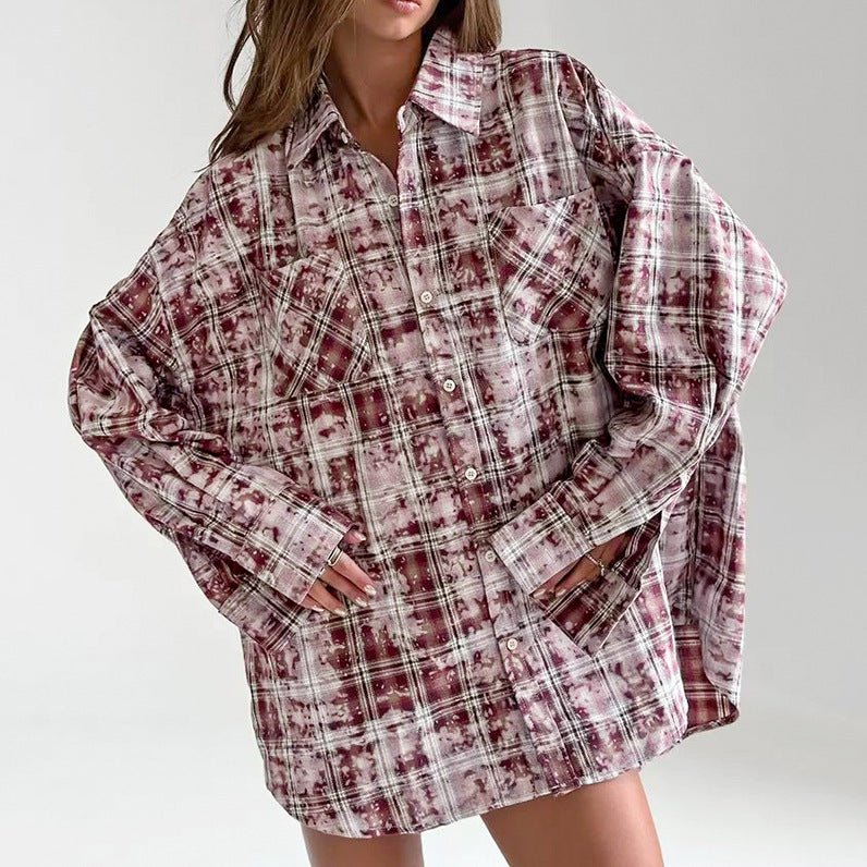 Lapel Loose Long Sleeve Casual Plaid Shirt 2668south