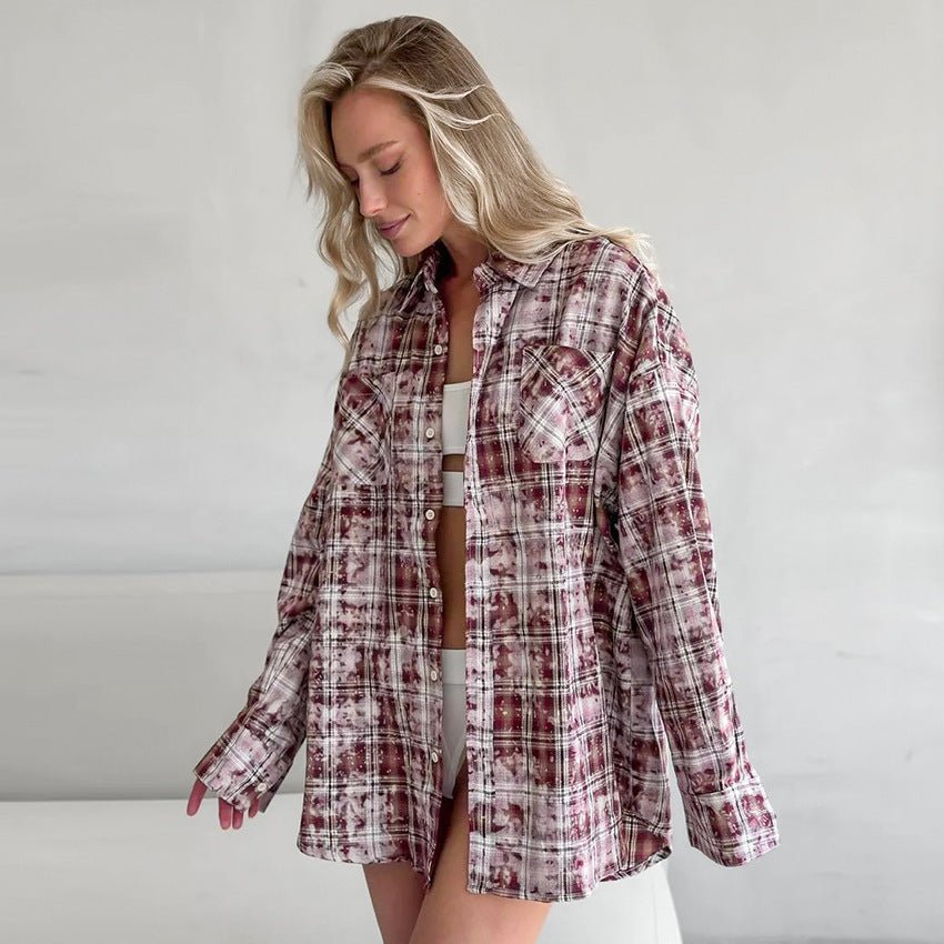 Lapel Loose Long Sleeve Casual Plaid Shirt 2668south