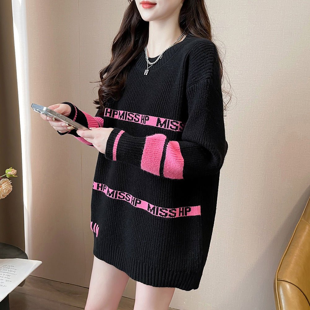 Lazy Letter Jacquard Round Neck Sweater 2668south