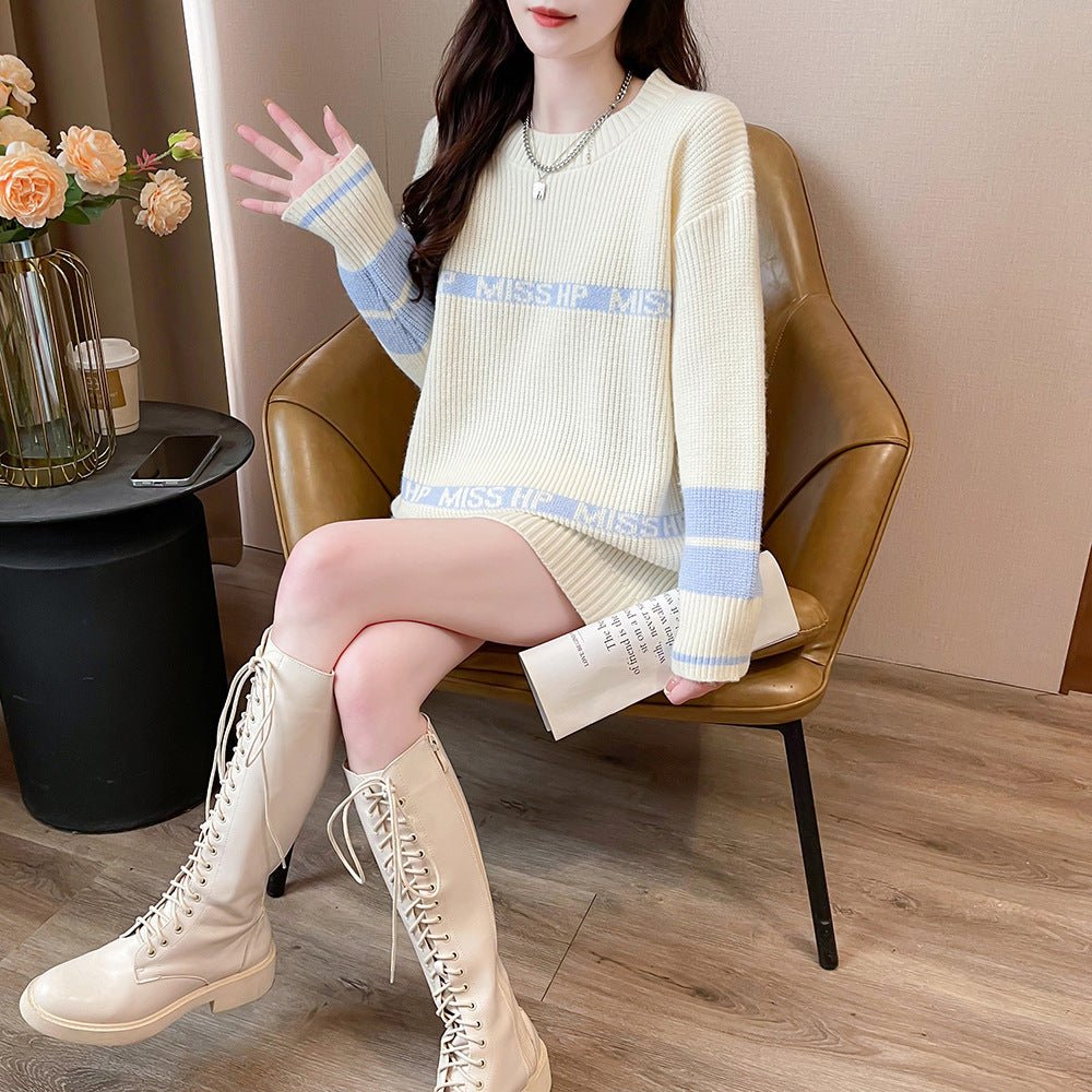 Lazy Letter Jacquard Round Neck Sweater 2668south