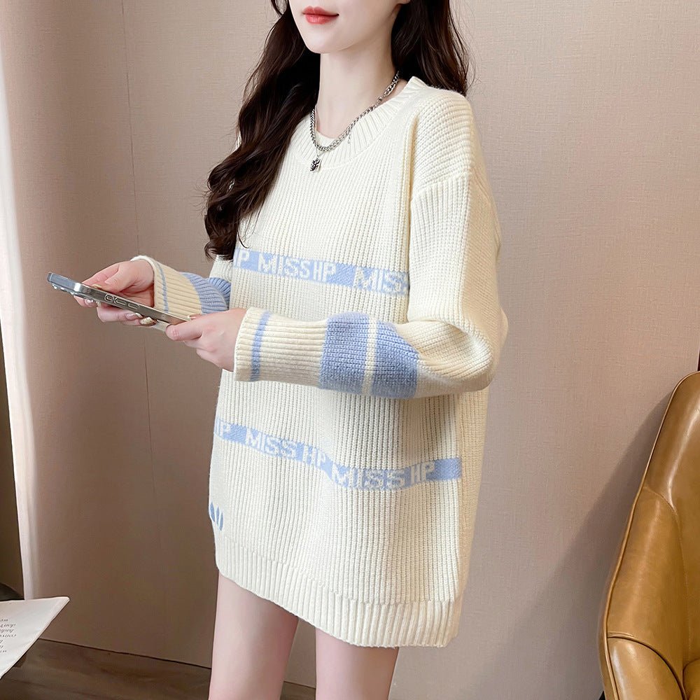 Lazy Letter Jacquard Round Neck Sweater 2668south