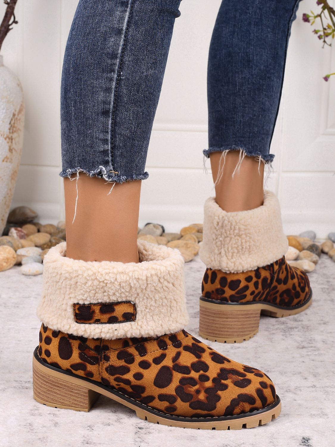 Leopard Block Heel Fuzzy Boots 2668south