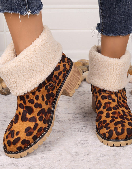 تحميل الصورة إلى عارض المعرض، Leopard Block Heel Fuzzy Boots 2668south
