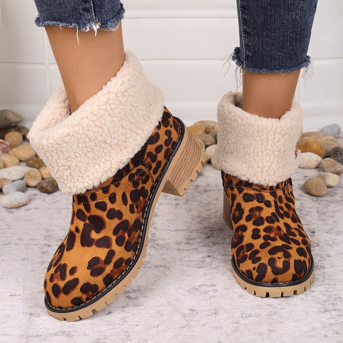 Leopard Block Heel Fuzzy Boots 2668south