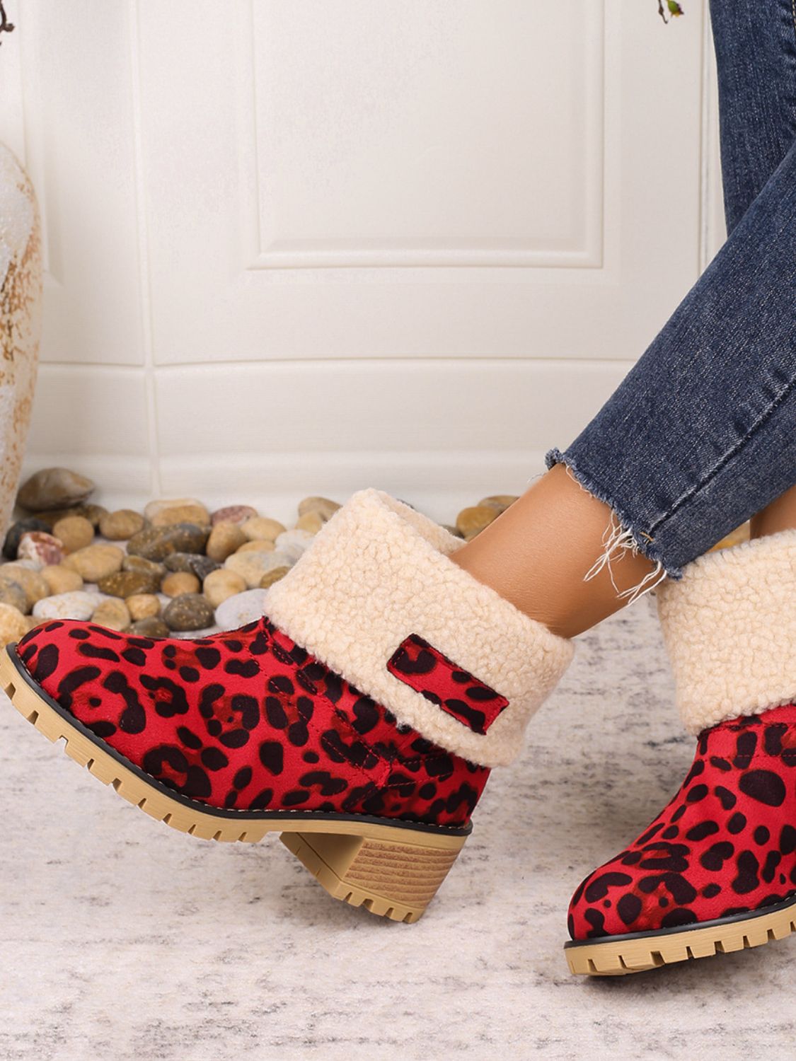 Leopard Block Heel Fuzzy Boots 2668south