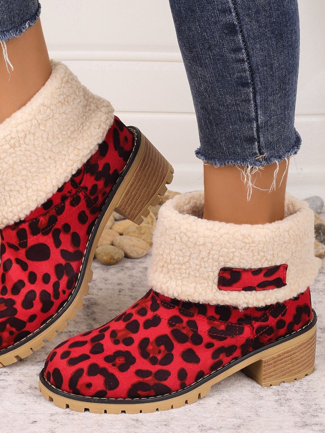 Leopard Block Heel Fuzzy Boots 2668south