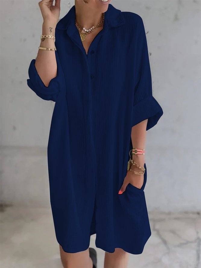 Long Shirt Women's Cotton And Linen Loose Solid Color Pocket Shirt Dress 2668south