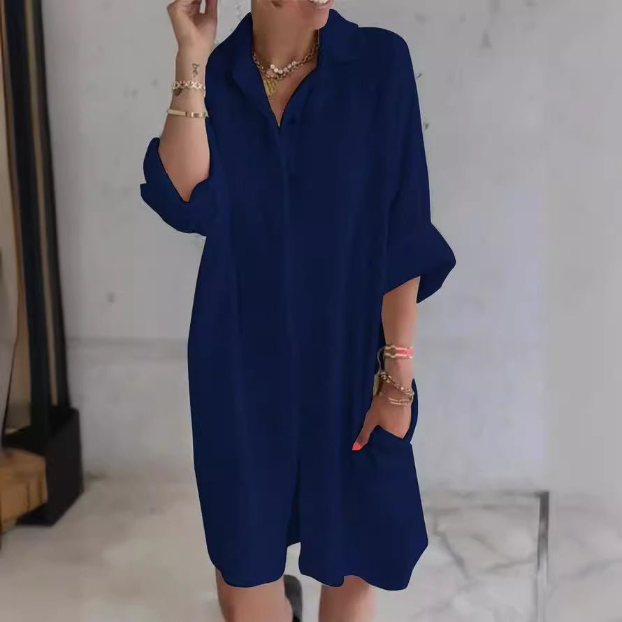 Long Shirt Women's Cotton And Linen Loose Solid Color Pocket Shirt Dress 2668south