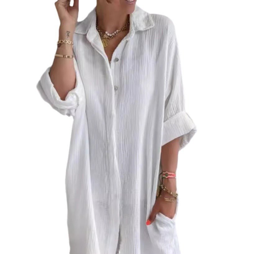 Long Shirt Women's Cotton And Linen Loose Solid Color Pocket Shirt Dress 2668south