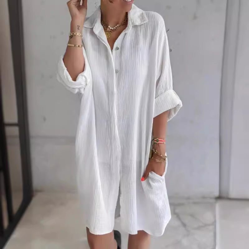 Long Shirt Women's Cotton And Linen Loose Solid Color Pocket Shirt Dress 2668south