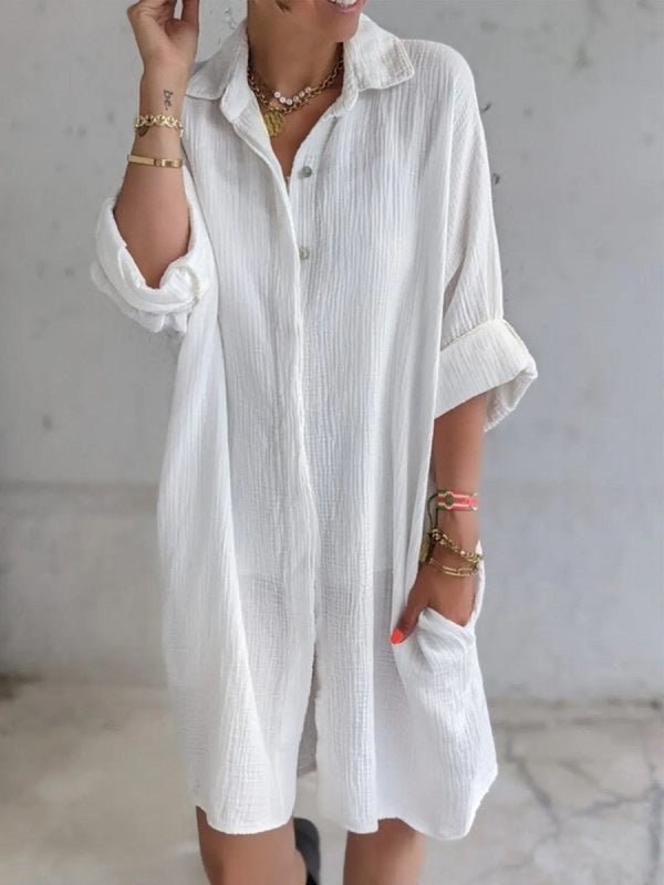 Long Shirt Women's Cotton And Linen Loose Solid Color Pocket Shirt Dress 2668south