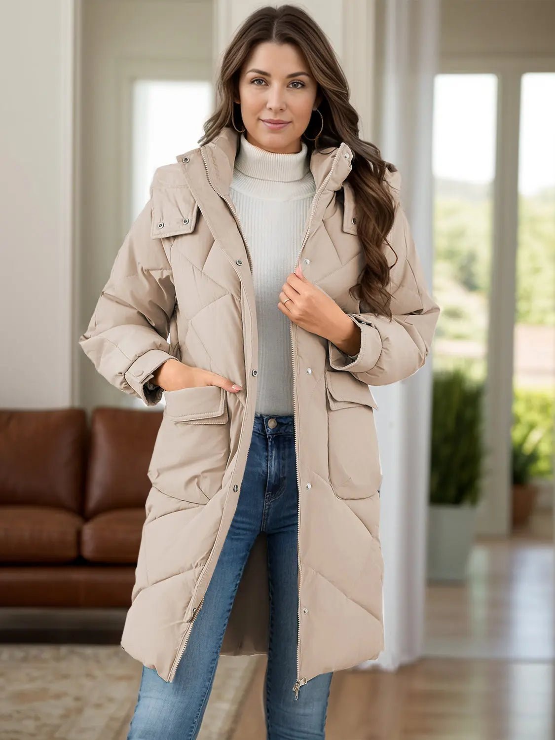 Long Sleeve Longline Hooded Winter Coat with Pockets 2668south