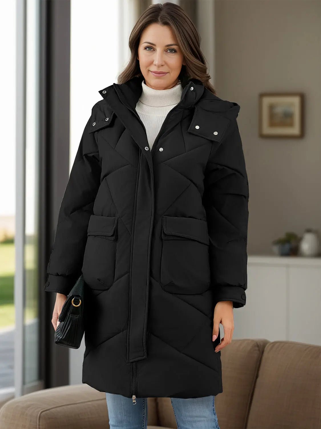 Long Sleeve Longline Hooded Winter Coat with Pockets 2668south