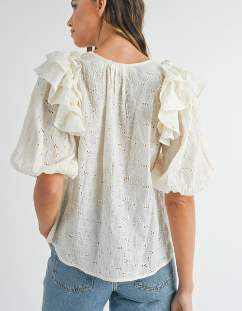 Load image into Gallery viewer, MABLE Eyelet Lace Ruffle Shoulder Puff Sleeve Blouse 2668south
