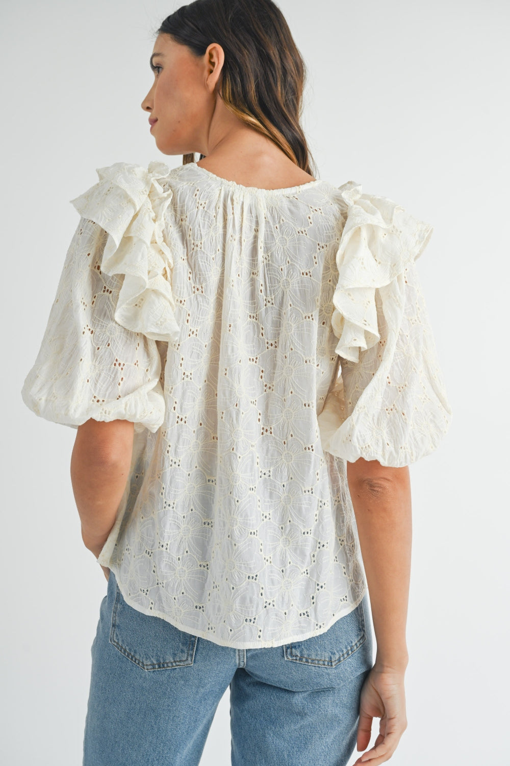 MABLE Eyelet Lace Ruffle Shoulder Puff Sleeve Blouse 2668south