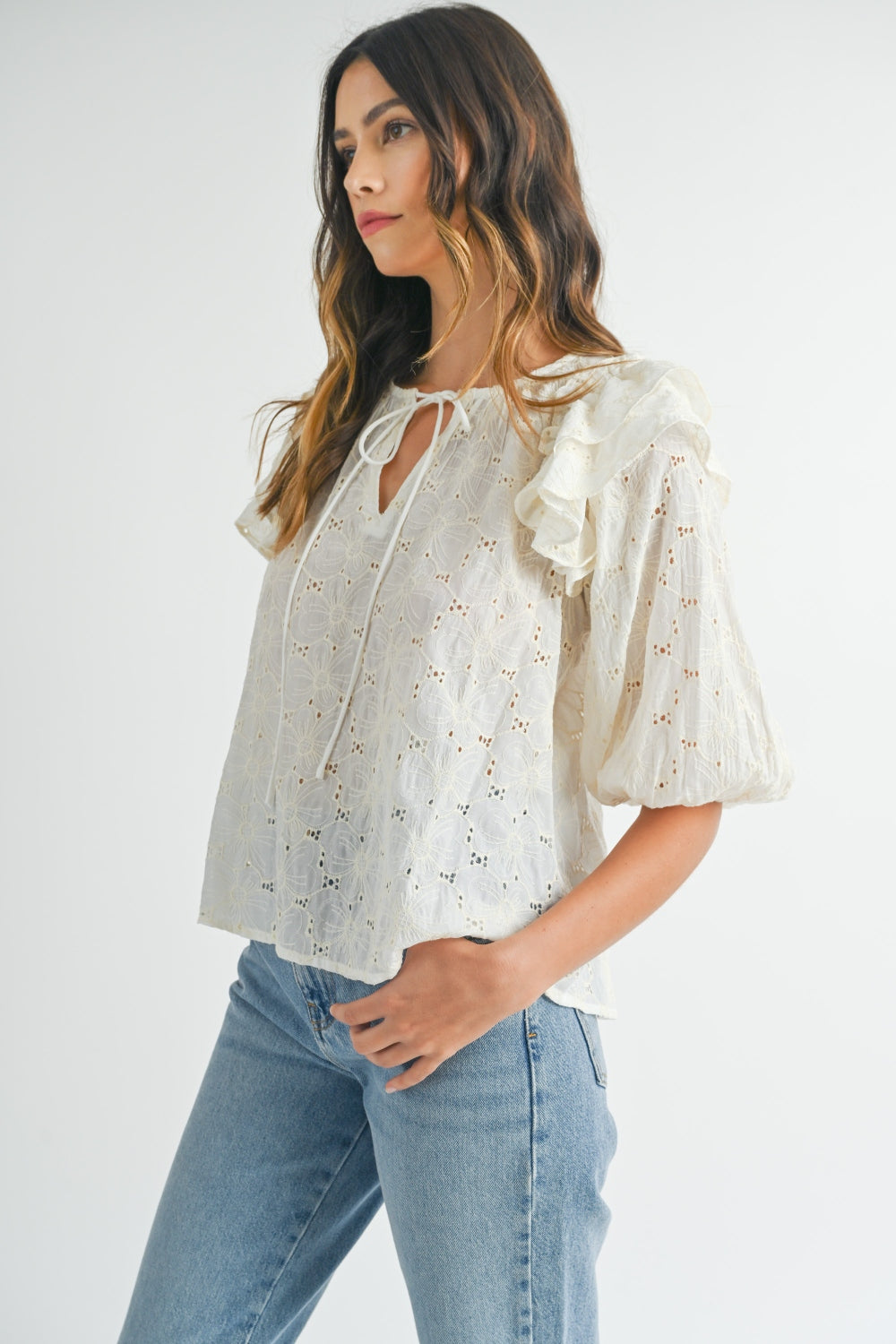 MABLE Eyelet Lace Ruffle Shoulder Puff Sleeve Blouse 2668south